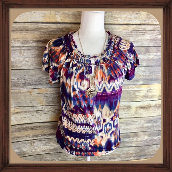 Chaps Tops - Chaps braided neckline Tye Dye Shirt EUC